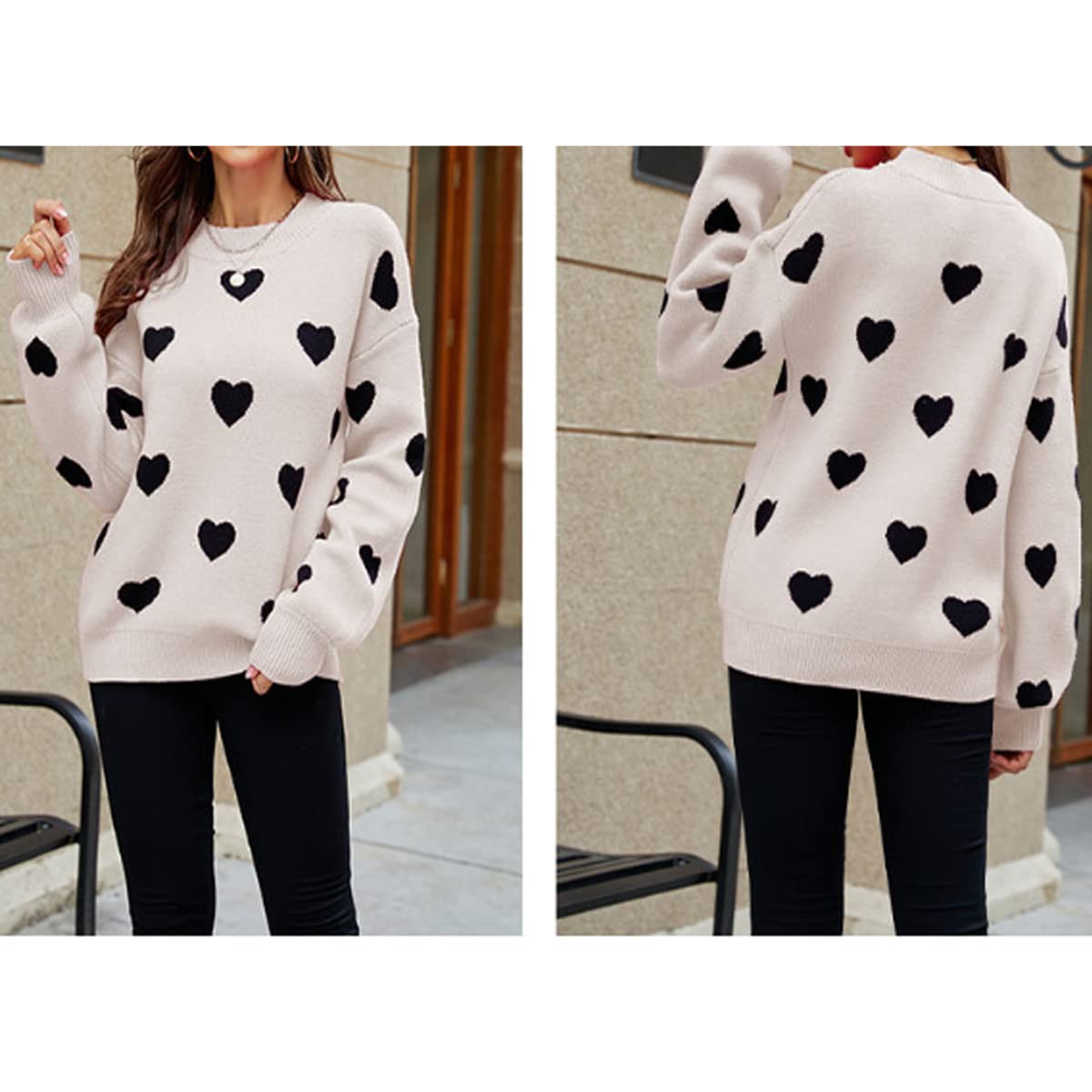 Women's Casual Sweater With Heart Pattern Print Round Neck Fashion Pullover Cute